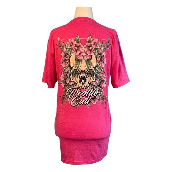 Throttle Cult Death is Beautiful Graphic Tee Hot Pink Tee Skull Floral Crewneck - Picture 1 of 7